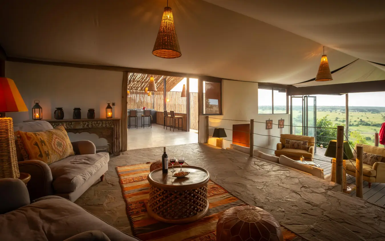 Open-plan lounge with expansive views over African savanna, Eagle View Camp, Maasai Mara, Kenya