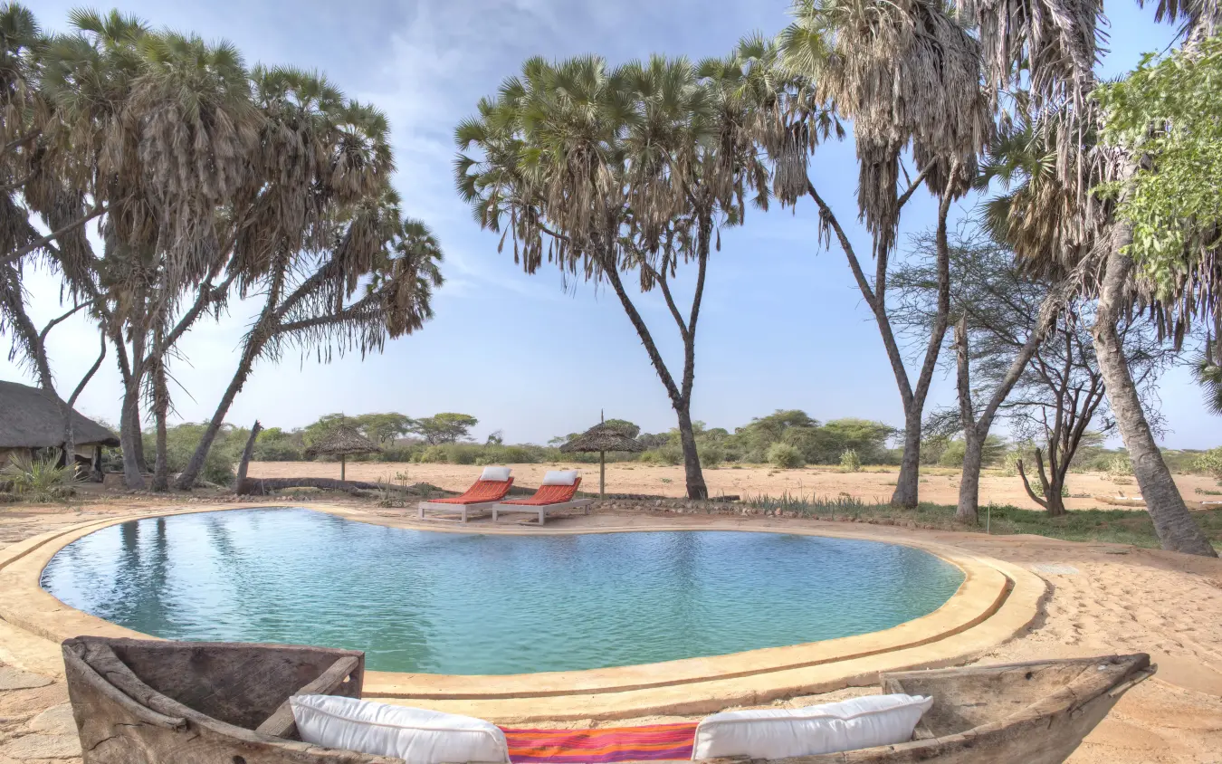 Pool with palm trees and traditional wooden boat in sandy lodge grounds, Saruni Rhino, Northern Kenya, Kenya