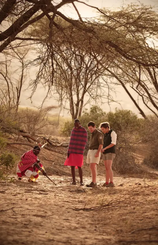 Guests learning from local guide under acacia tree, Samburu Reserve, Kenya