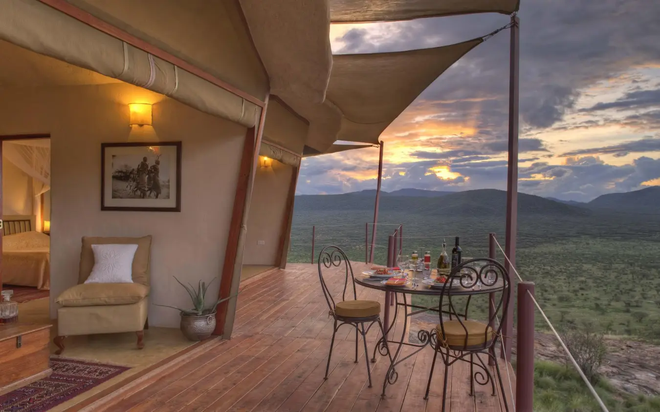 Safari lodge tent with sunset view over African savanna, Saruni Samburu, Samburu Reserve, Kenya