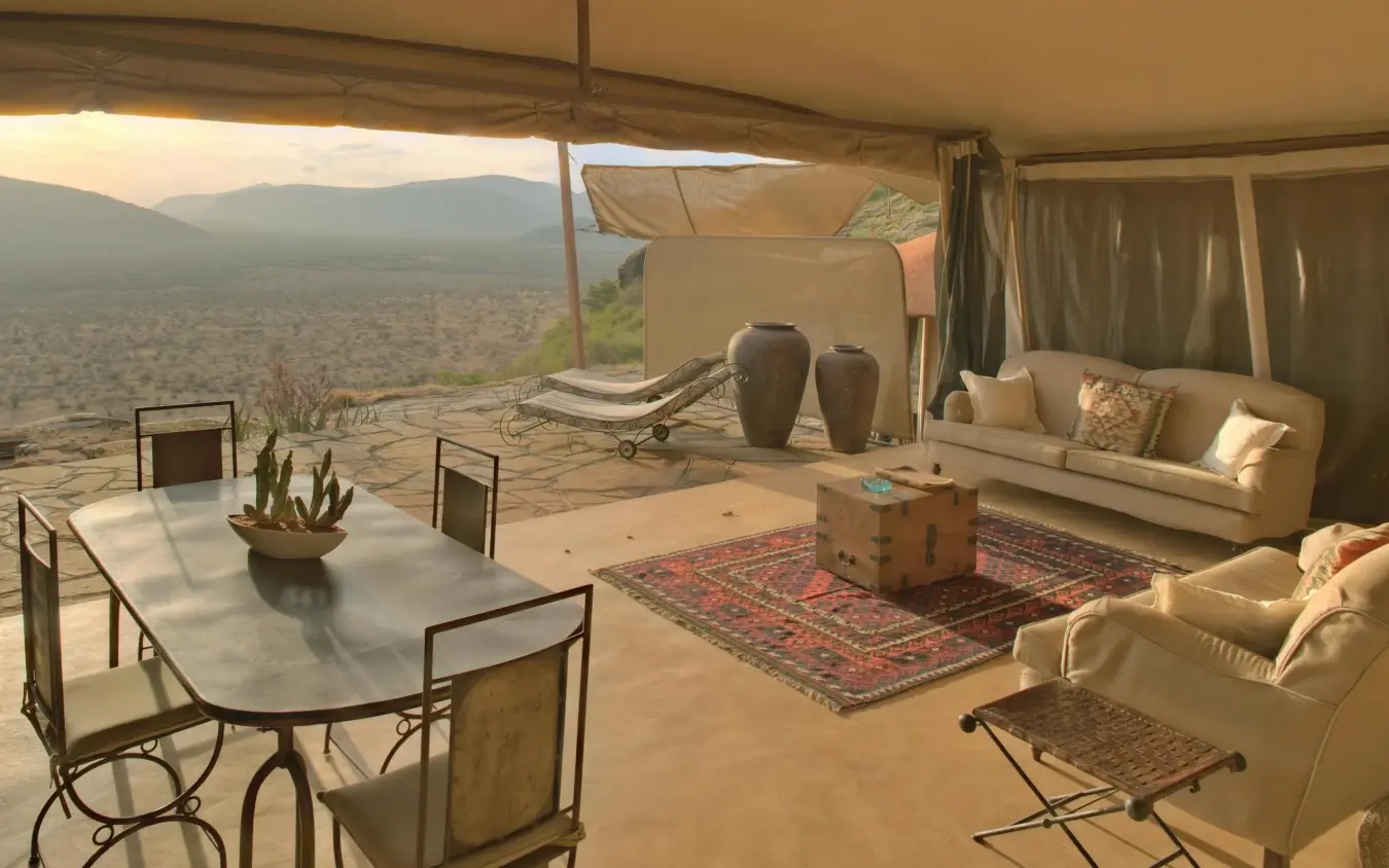 Open-air lounge tent with savanna landscape views, Saruni Samburu, Samburu Reserve, Kenya