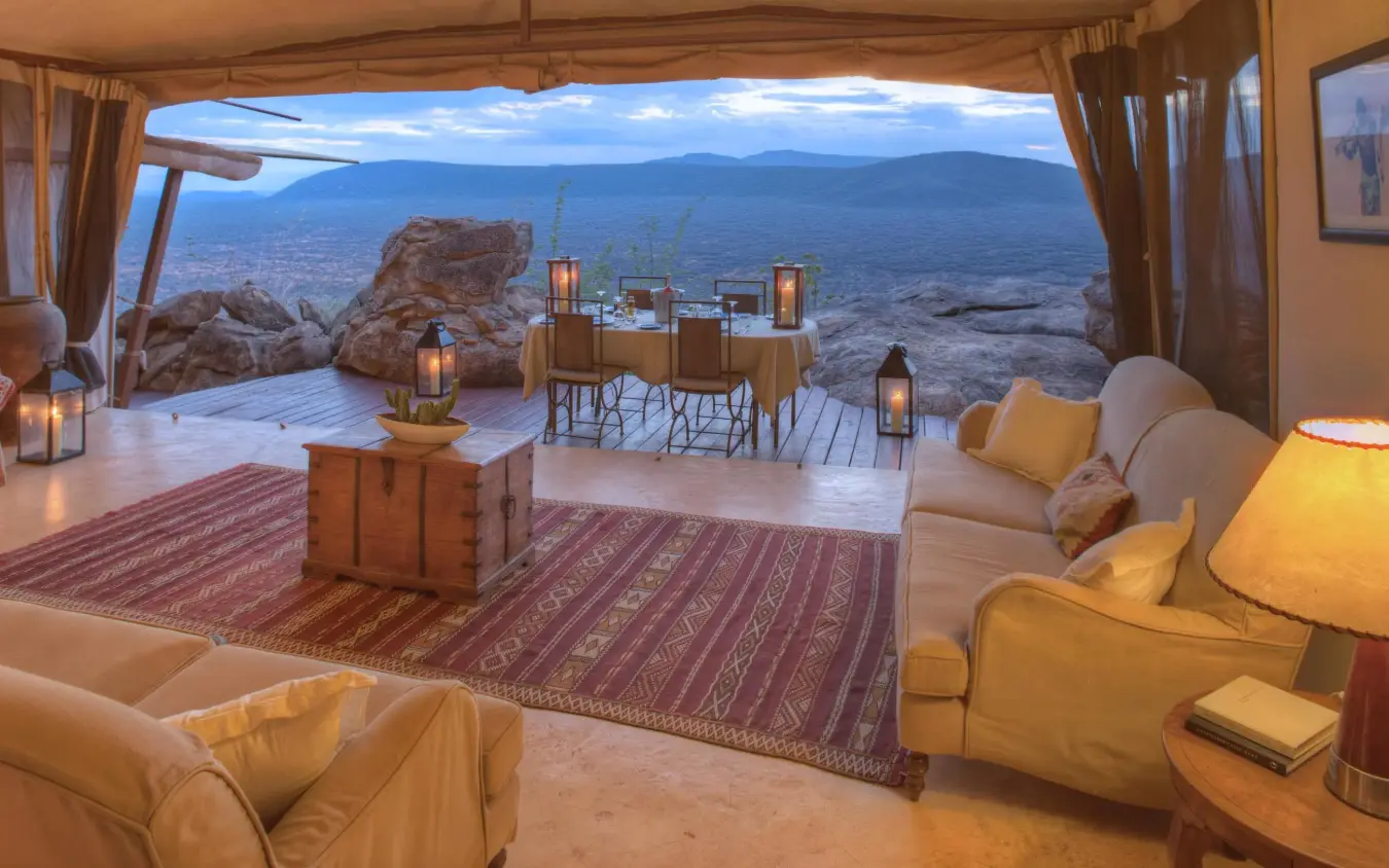 Open-air lounge with expansive valley views at dusk, Saruni Samburu, Samburu Reserve, Kenya