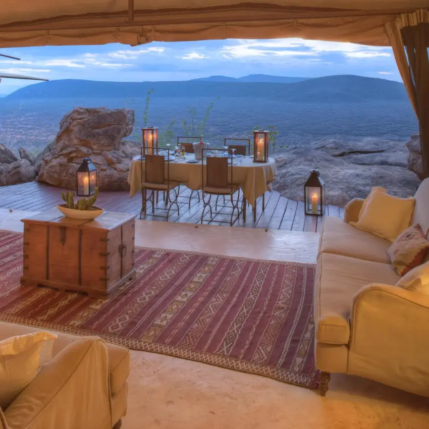 Open-air lounge with expansive valley views at dusk, Saruni Samburu, Samburu Reserve, Kenya