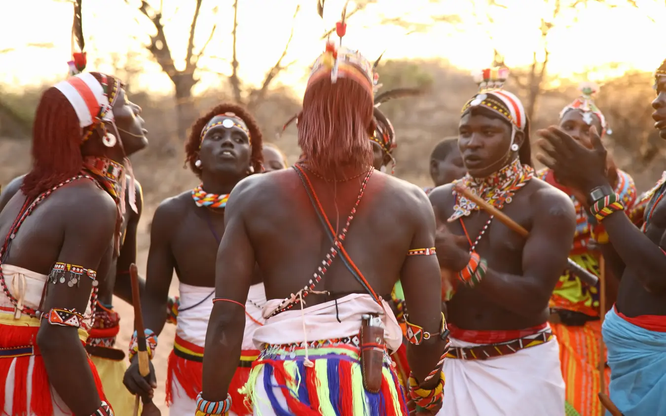 Maasai warriors in traditional dress during cultural ceremony, Saruni Samburu, Samburu Reserve, Kenya