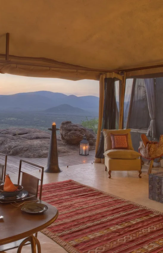 Safari lodge interior with mountain views at sunset, Saruni Samburu, Samburu Reserve, Kenya