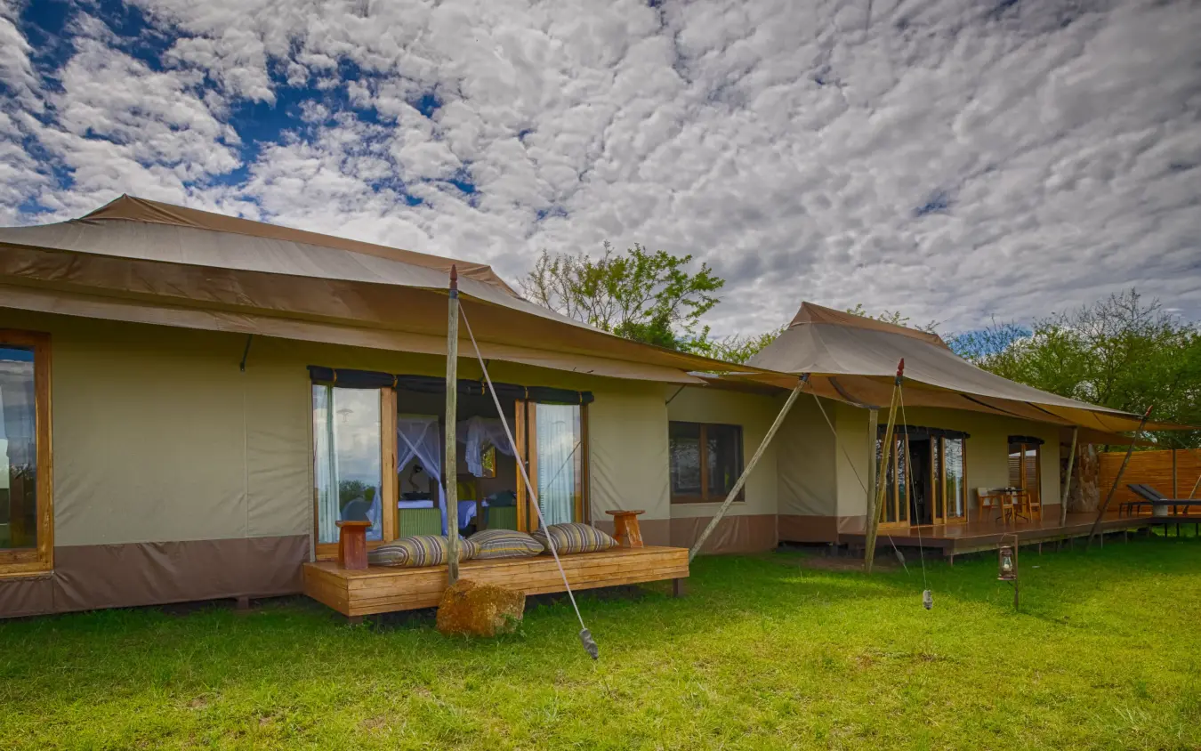 Canvas safari tents with wooden decks and grass grounds, Sayari Camp, Serengeti National Park, Tanzania