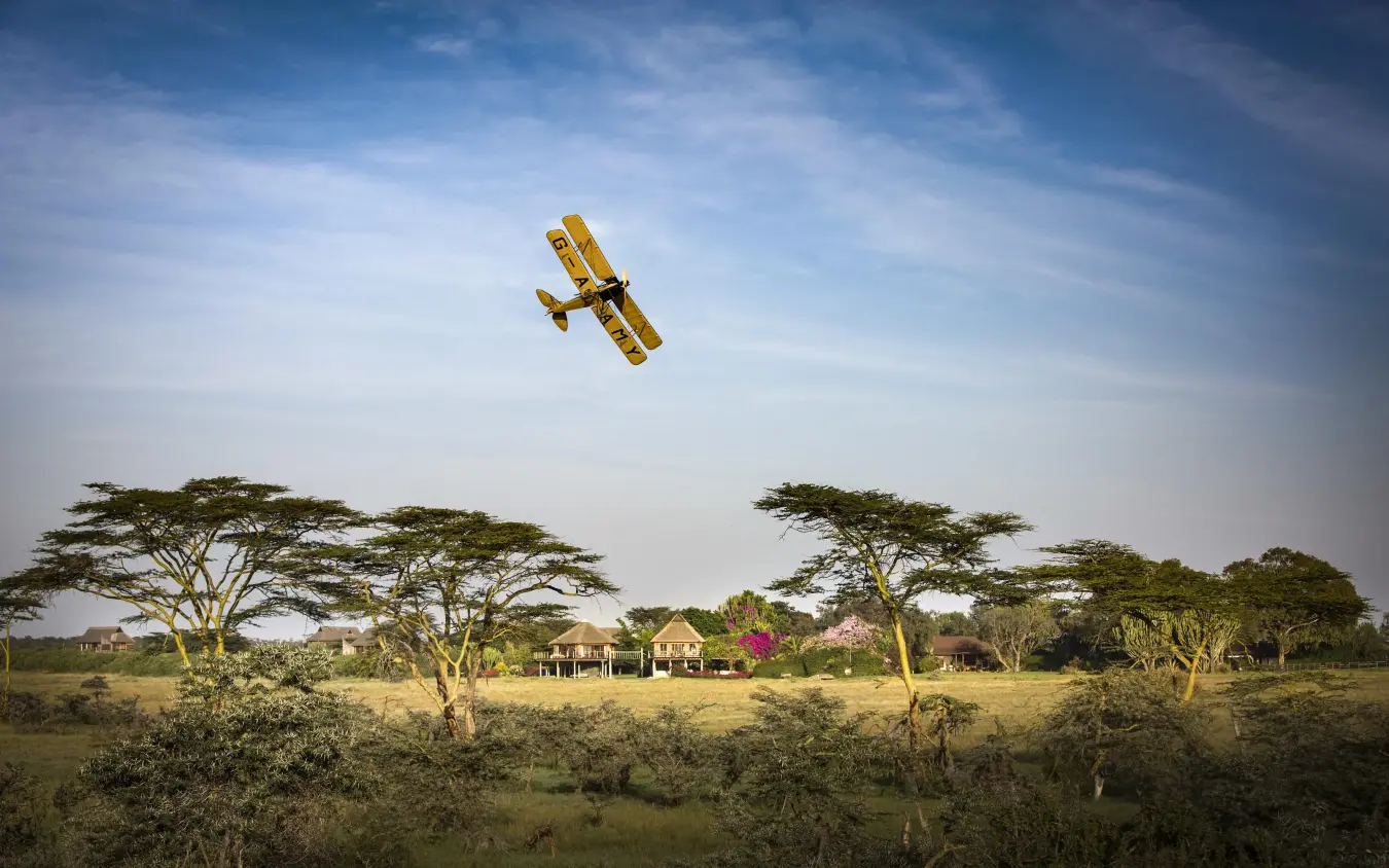 Yellow biplane flying over safari lodge and acacia trees, Segera, Laikipia Highlands, Kenya