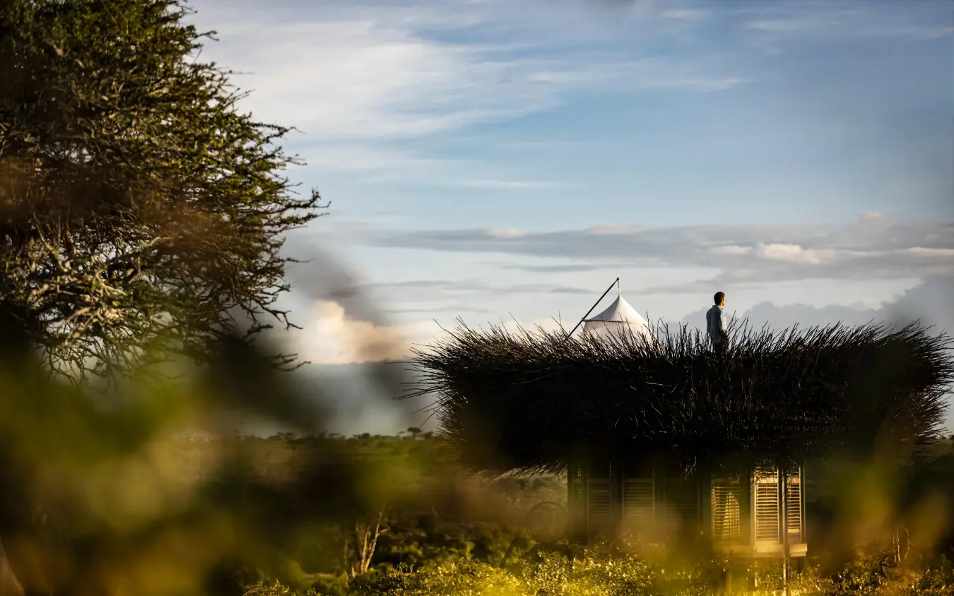 Person standing on thatched roof structure at sunset, Segera, Laikipia Highlands, Kenya