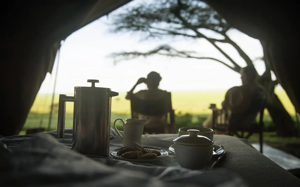 Morning tea service setup outside tent with guests, Esirai Camp, Serengeti National Park, Tanzania