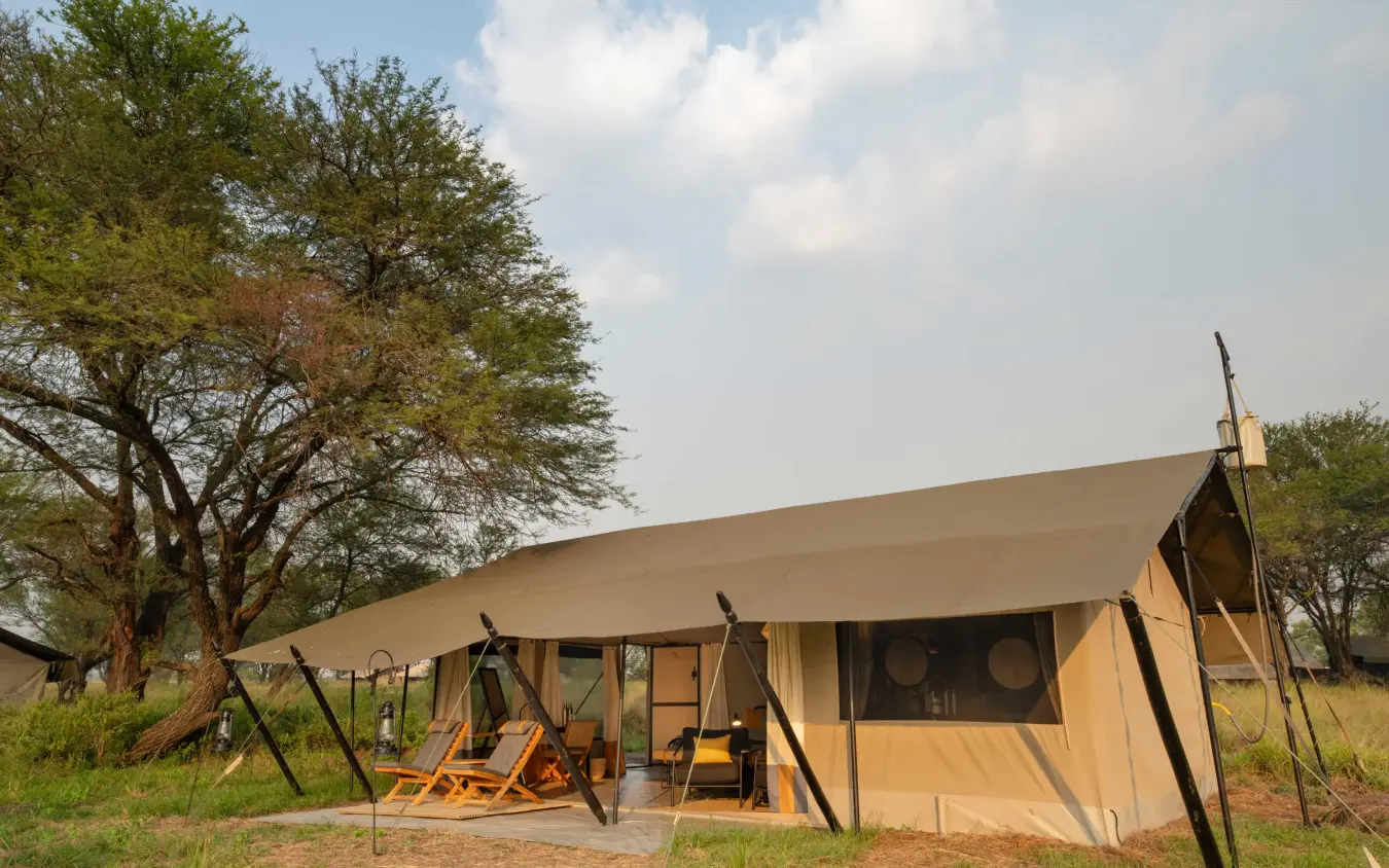 Canvas safari tent with extended awning and seating area, Ubuntu Migration Camp, Serengeti National Park, Tanzania