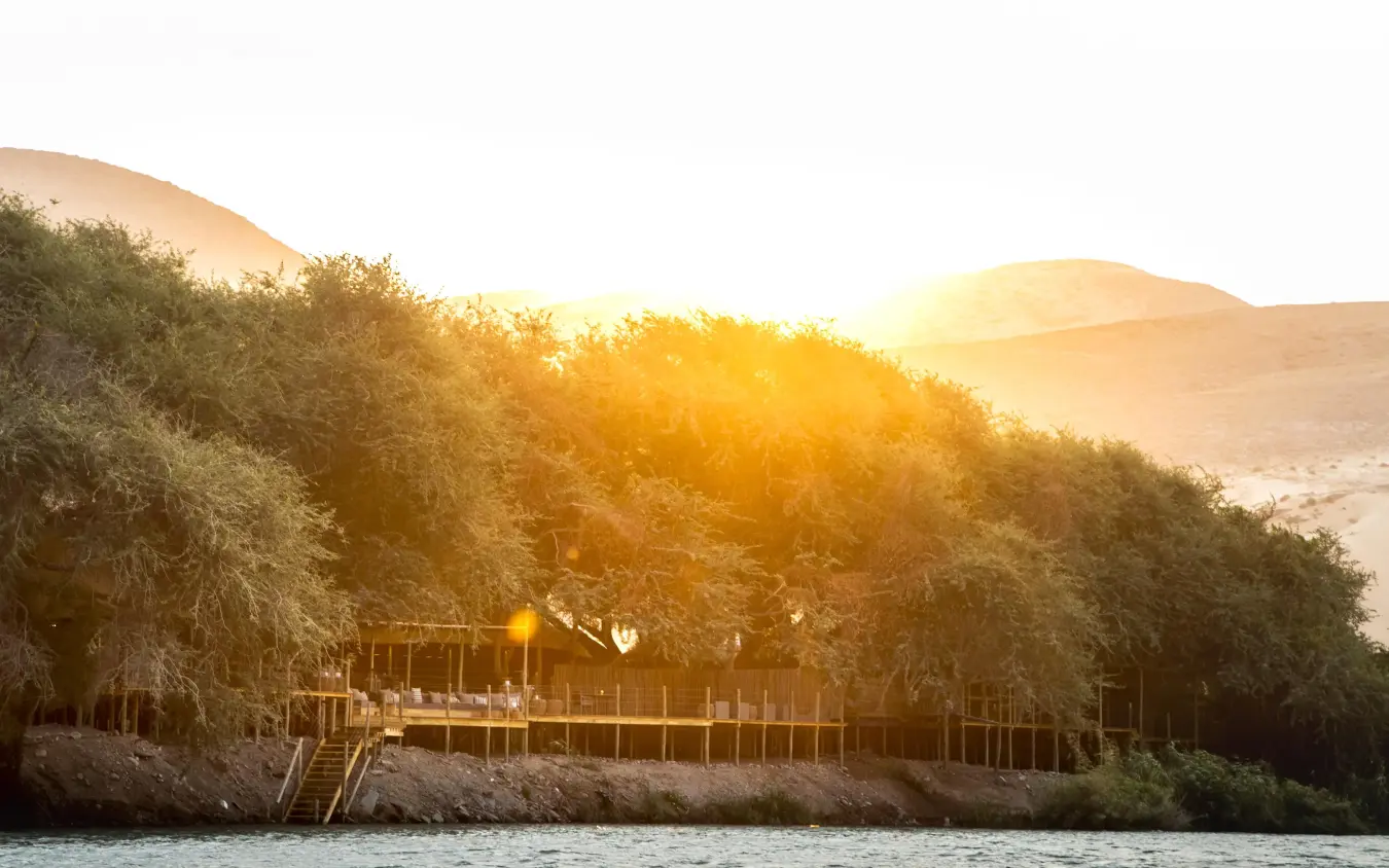 Wooden lodge structure nestled among riverside trees at sunset, Serra Cafema, Kunene River, Namibia