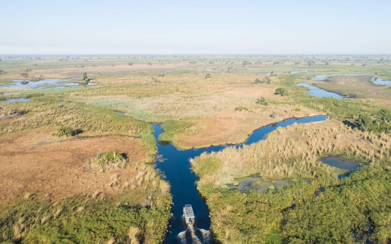 Aerial view of winding river through wetland landscape, Setari, The Okavango Delta, Botswana