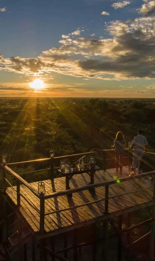 Guests on wooden deck overlooking savanna at sunset, Shinde, The Okavango Delta, Botswana