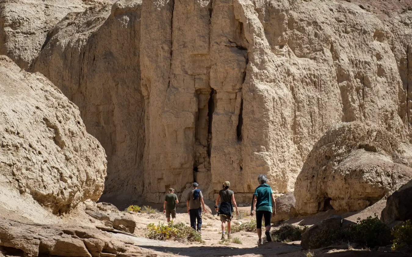 Hikers walking toward ancient carved rock formation, Shipwreck Lodge, Skeleton Coast, Namibia
