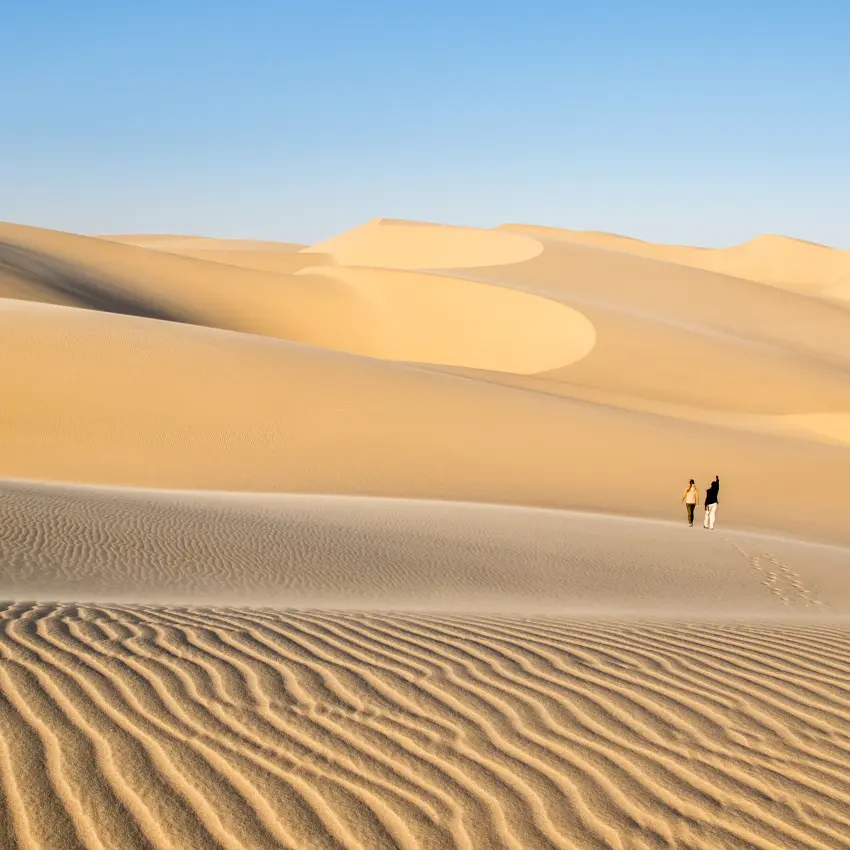 Guests walking across vast sand dunes in desert landscape, Skeleton Coast, Namibia
