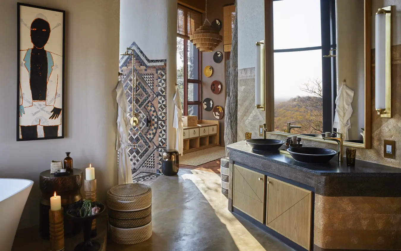 Luxury bathroom with dual vessel sinks and panoramic savanna views, Singita Malilangwe House, Gonarezhou & Malilangwe, Zimbabwe
