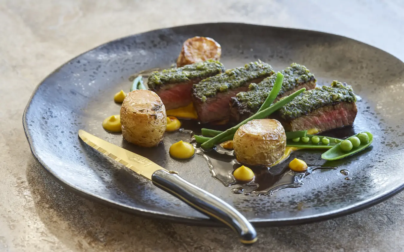 Plated beef with roasted vegetables and pea pods, Singita Pamushana, Gonarezhou & Malilangwe, Zimbabwe