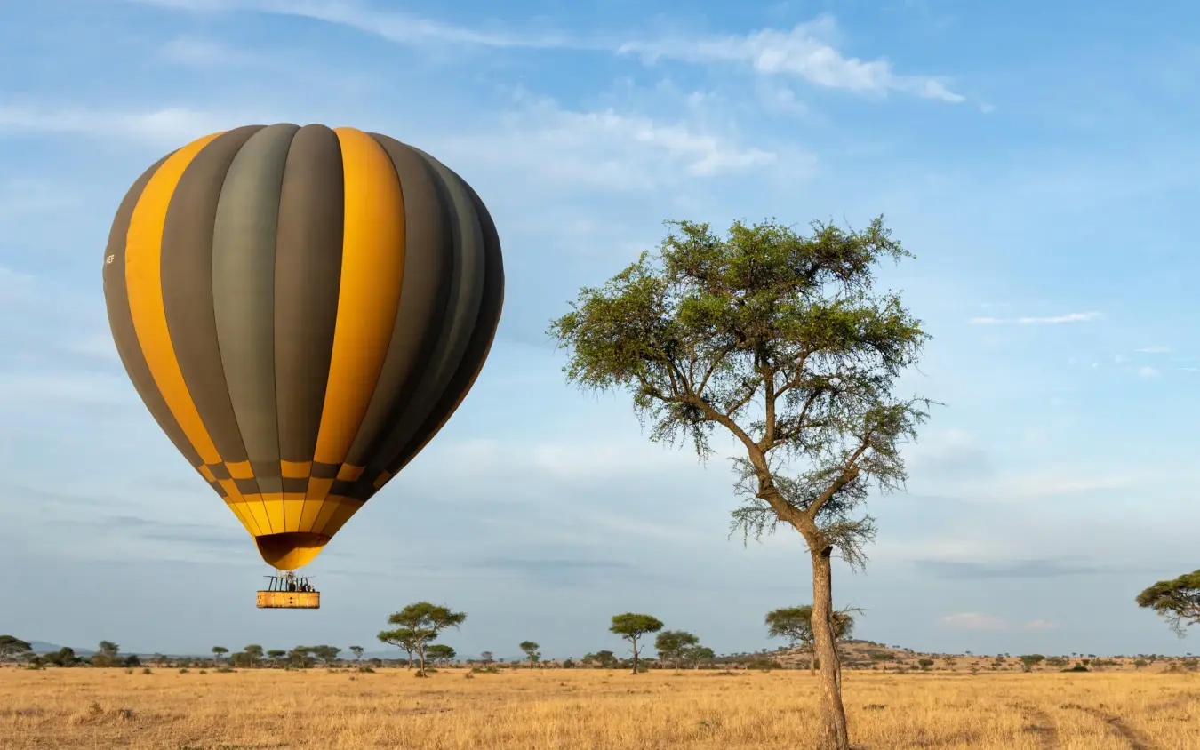 Hot air balloon floating over African savanna landscape, Singita Sasakwa Lodge, Serengeti National Park, Tanzania