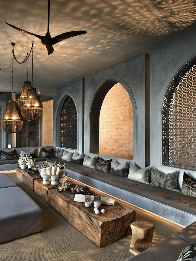 Sunken lounge with geometric screens and hanging chains, Sirai Beach, Kilifi, Kenya