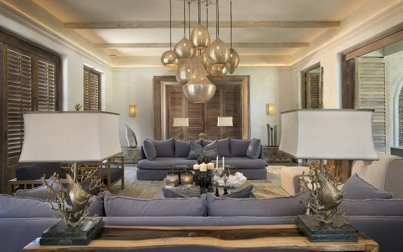 Luxury lounge with gray sofas and pendant lighting, Sirai Beach, Kilifi, Kenya