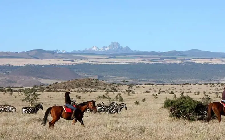 Horseback riders on savanna with zebras and mountains, Sirikoi, Laikipia Highlands, Kenya