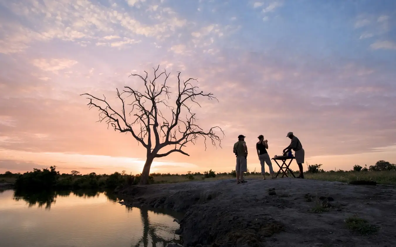 Guides and guests on riverbank at sunset with dead tree, Somalisa Camp, Hwange National Park, Zimbabwe