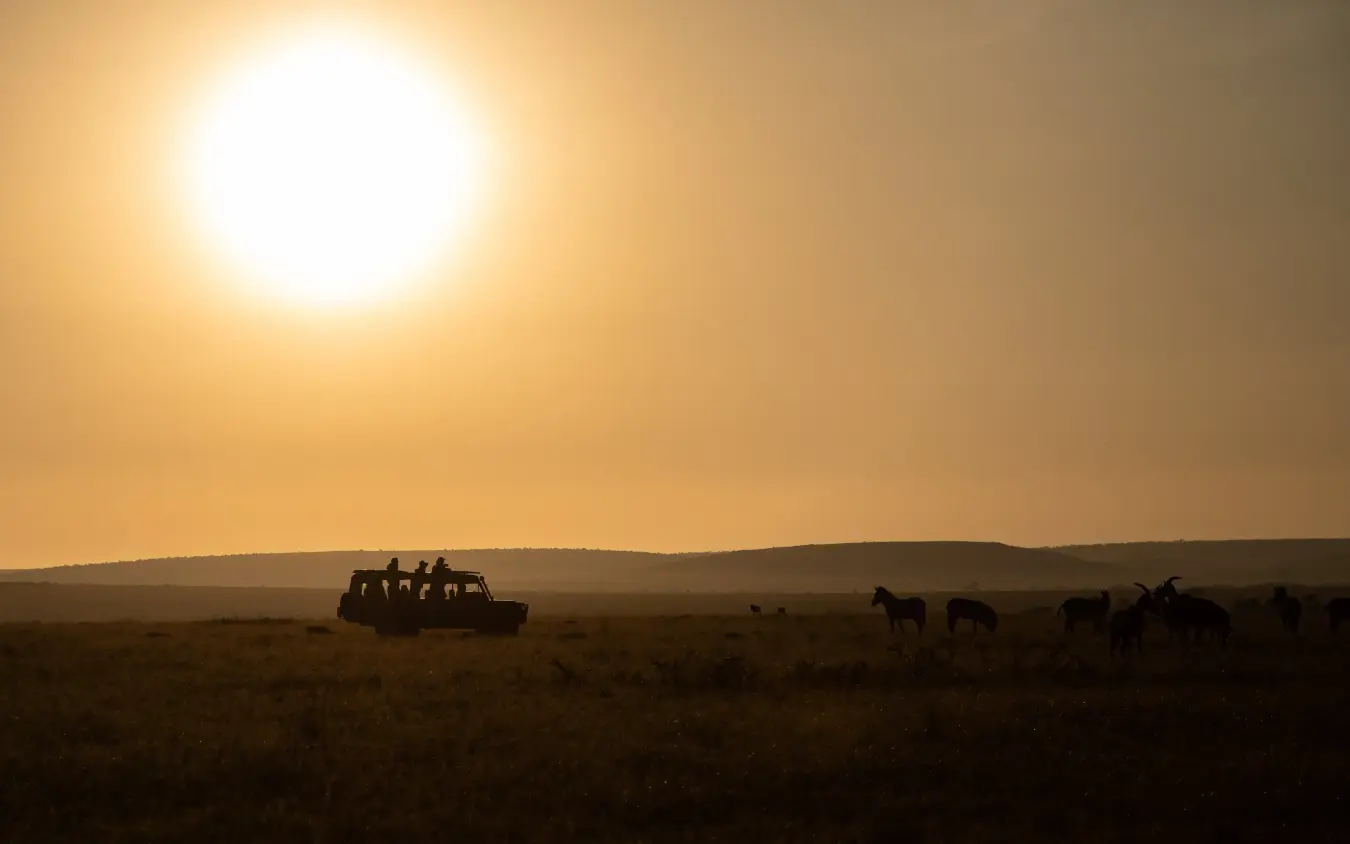 Safari vehicle with passengers observing wildlife at sunset, Speke’s Camp, Maasai Mara, Kenya