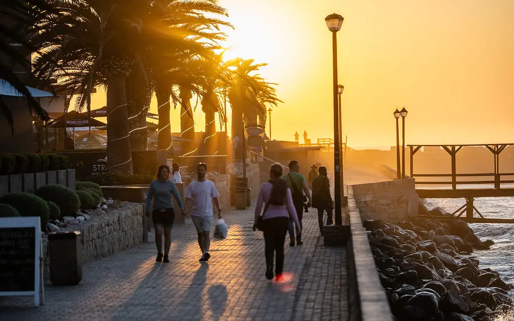 Beachfront promenade with palm trees at golden hour sunset, Strand Hotel Swakopmund, Swakopmund, Namibia