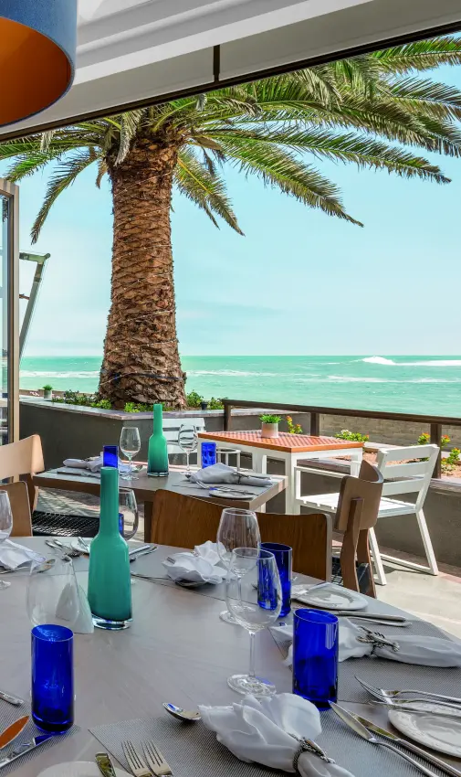 Beachfront restaurant with turquoise sea views and palm trees, Strand Hotel Swakopmund, Swakopmund, Namibia