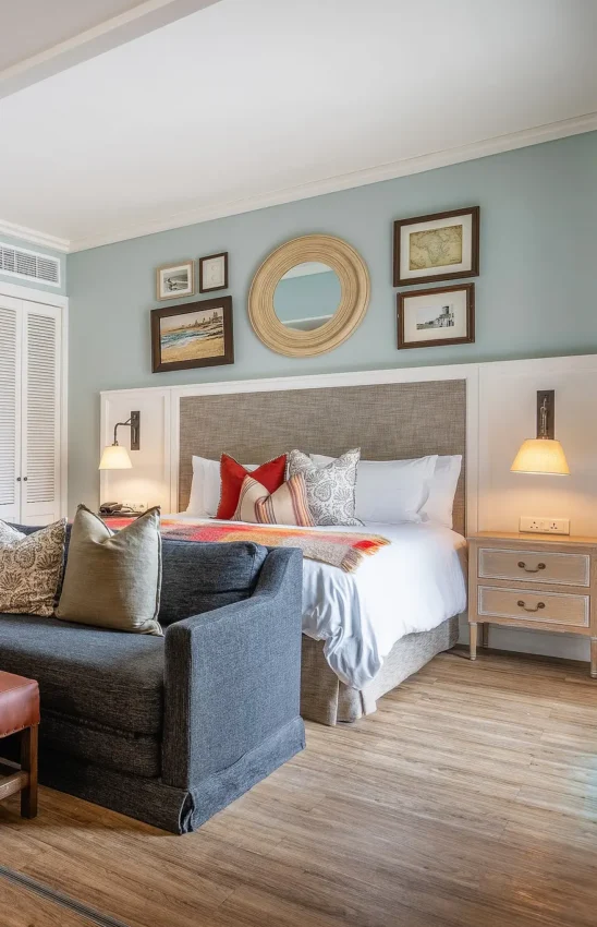 Luxury bedroom with coastal blue walls and woven round mirror above bed, Strand Hotel Swakopmund, Swakopmund, Namibia