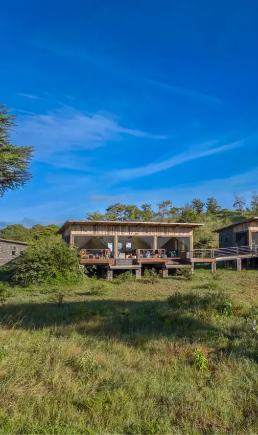 Safari lodge buildings with wooden decks on grassy hillside overlooking savanna, Tarangire Elephant Springs, Tarangire National Park, Tanzania