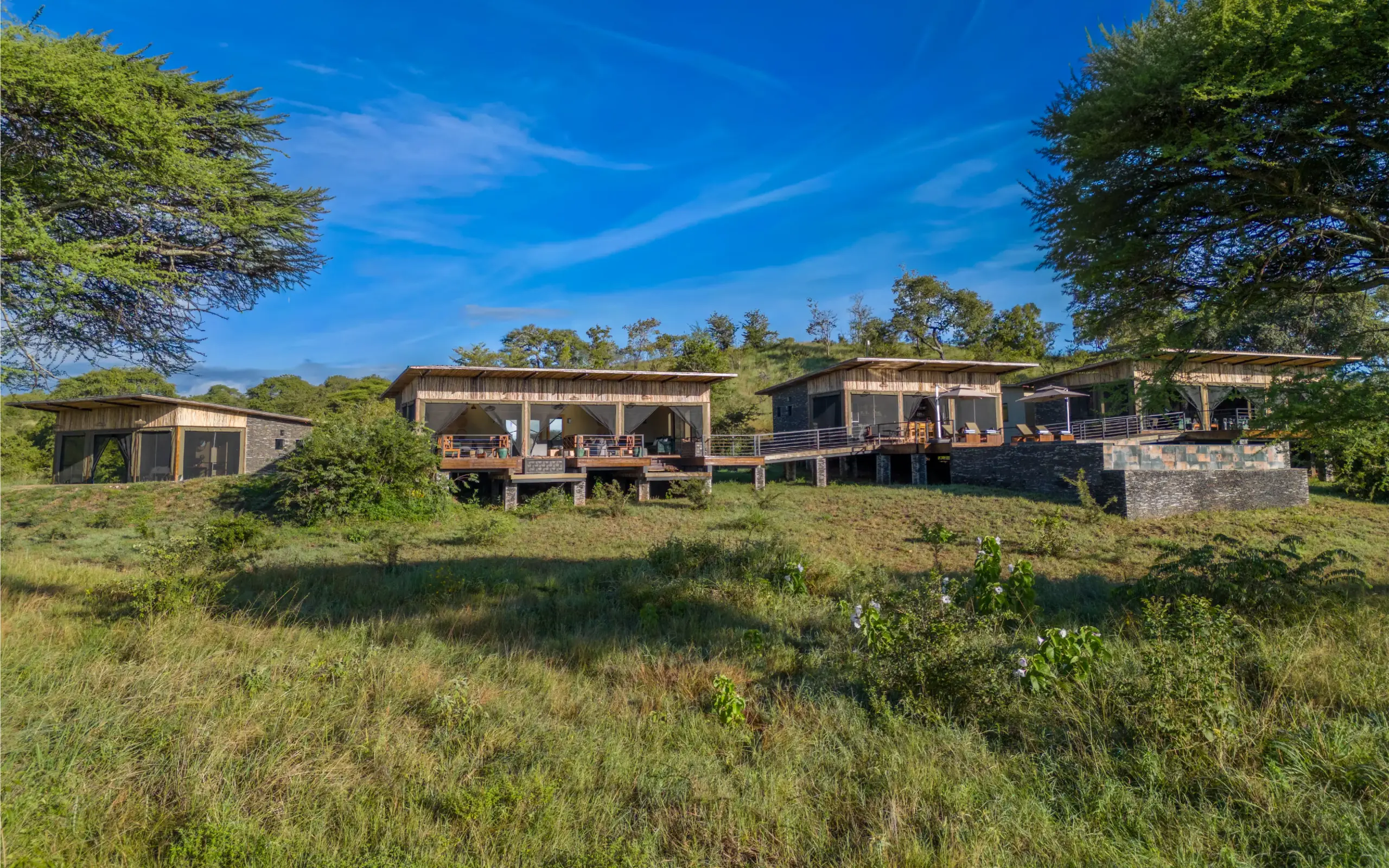 Safari lodge buildings with wooden decks on grassy hillside overlooking savanna, Tarangire Elephant Springs, Tarangire National Park, Tanzania