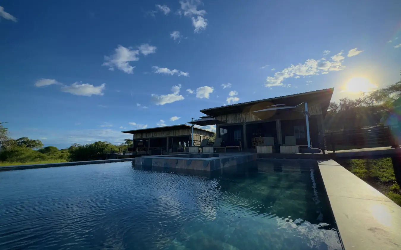 Modern lodge with infinity pool overlooking coastal landscape at sunset, Tarangire Elephant Springs, Tarangire National Park, Tanzania