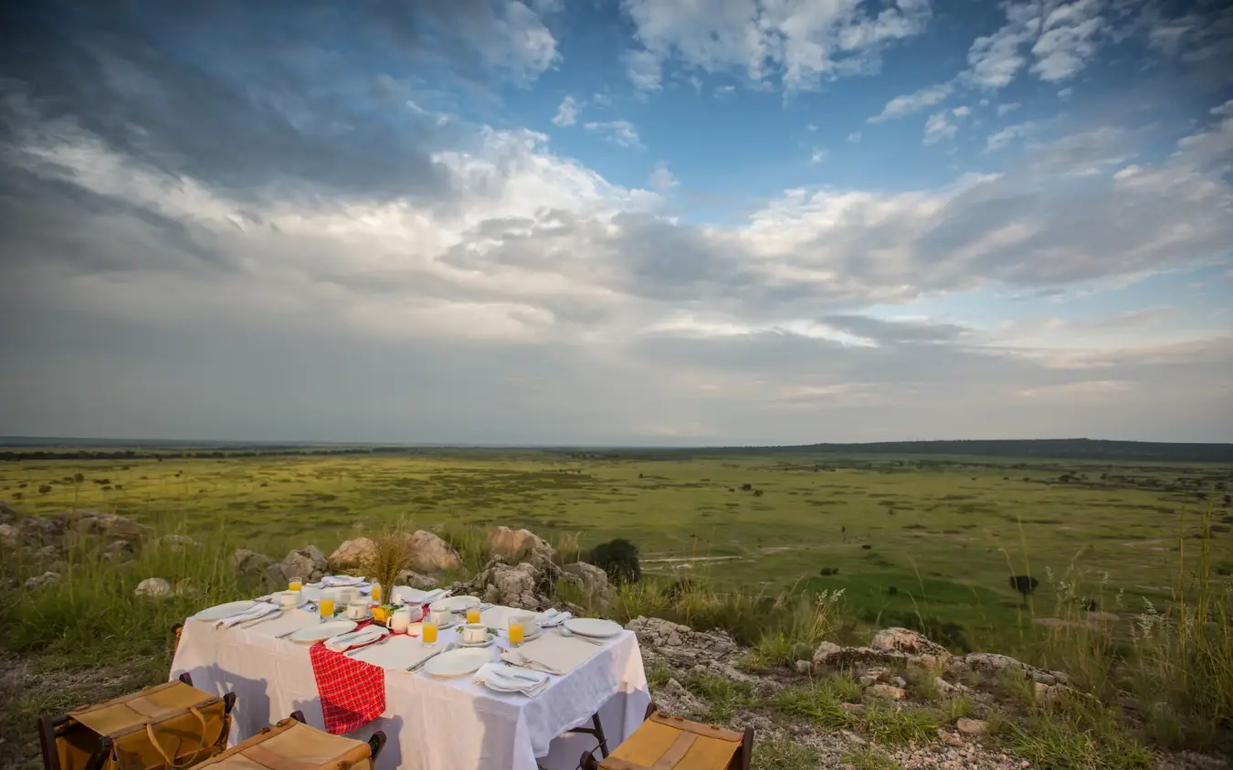 Dining table set for meal overlooking vast grassland savanna landscape, Tarangire Treetops, Tarangire National Park, Tanzania