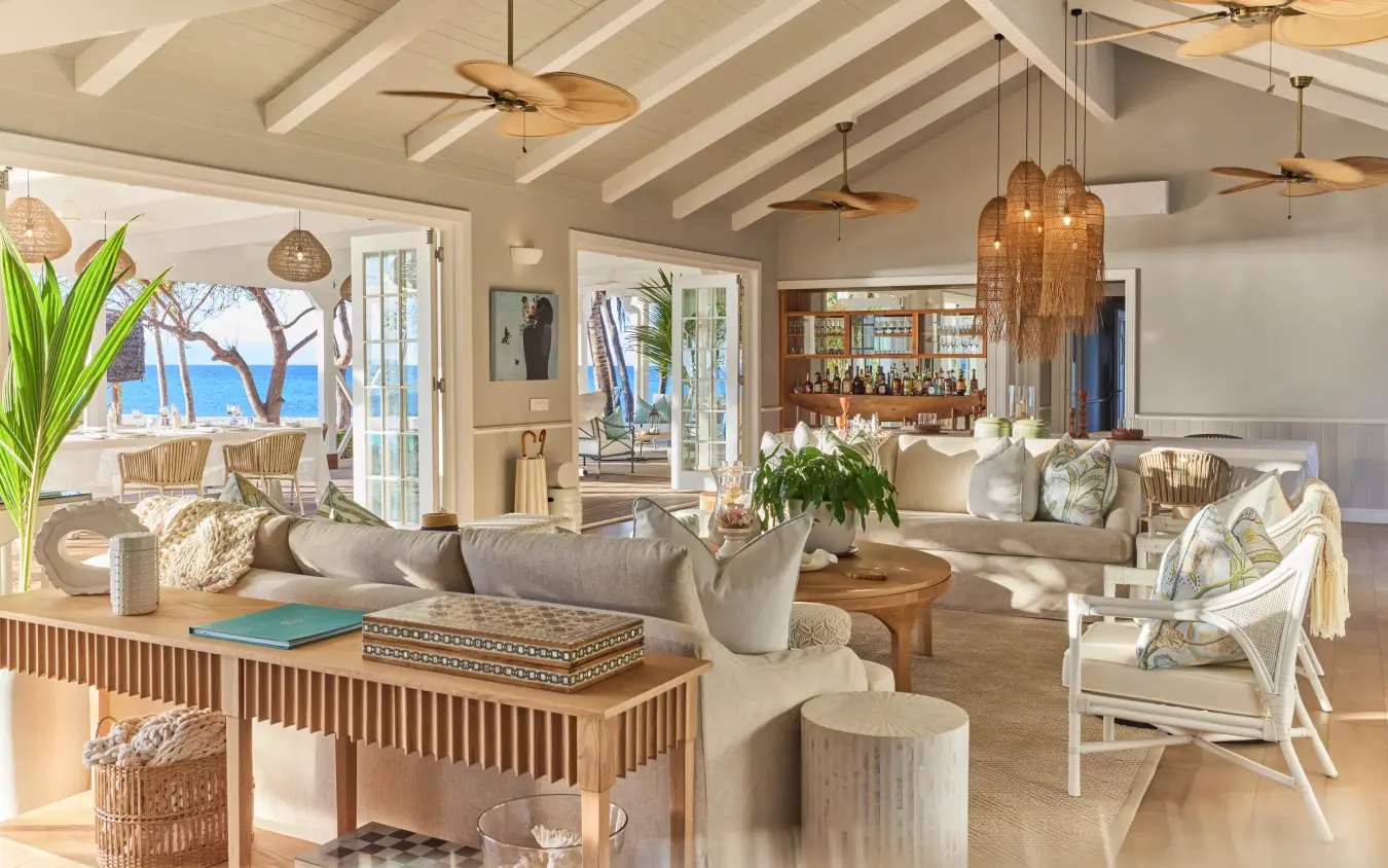 Coastal villa interior with ocean views and woven pendant lighting, Thanda Island, Mafia Archipelago, Tanzania