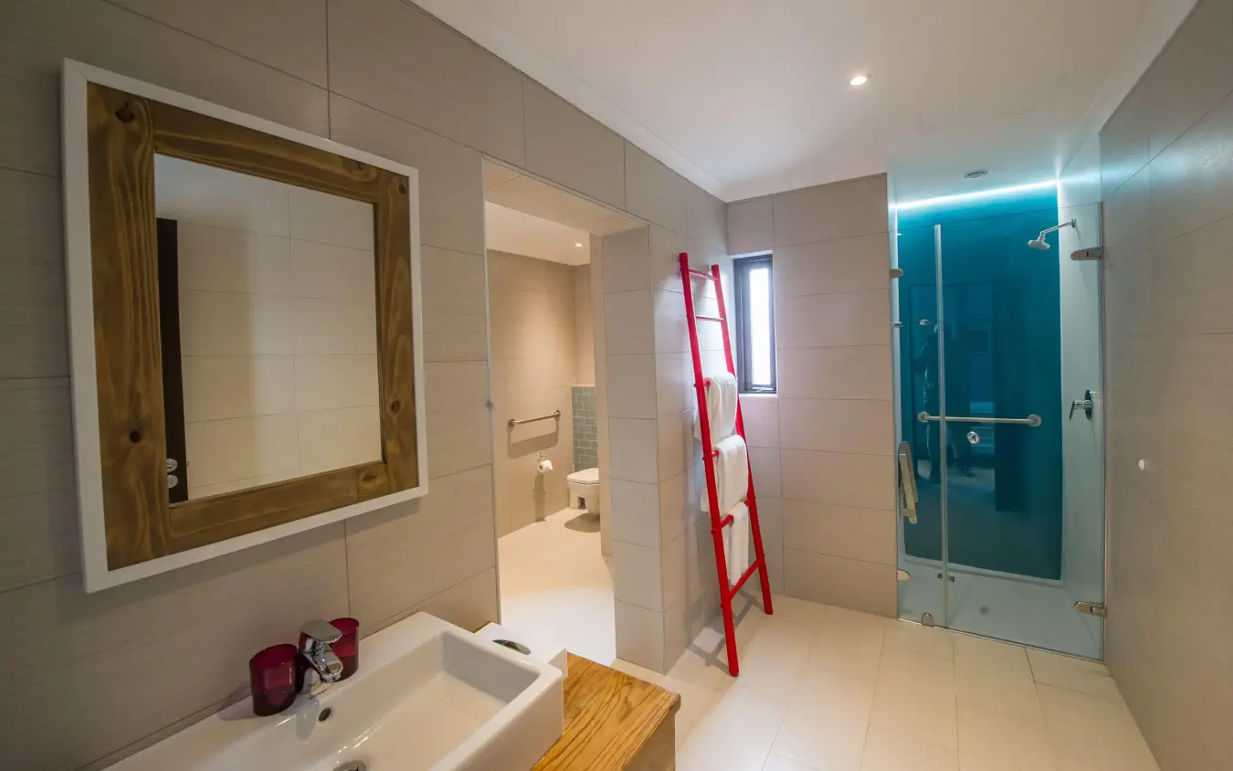Modern bathroom with vanity mirror and walk-in shower, The Delight Swakopmund, Swakopmund, Namibia