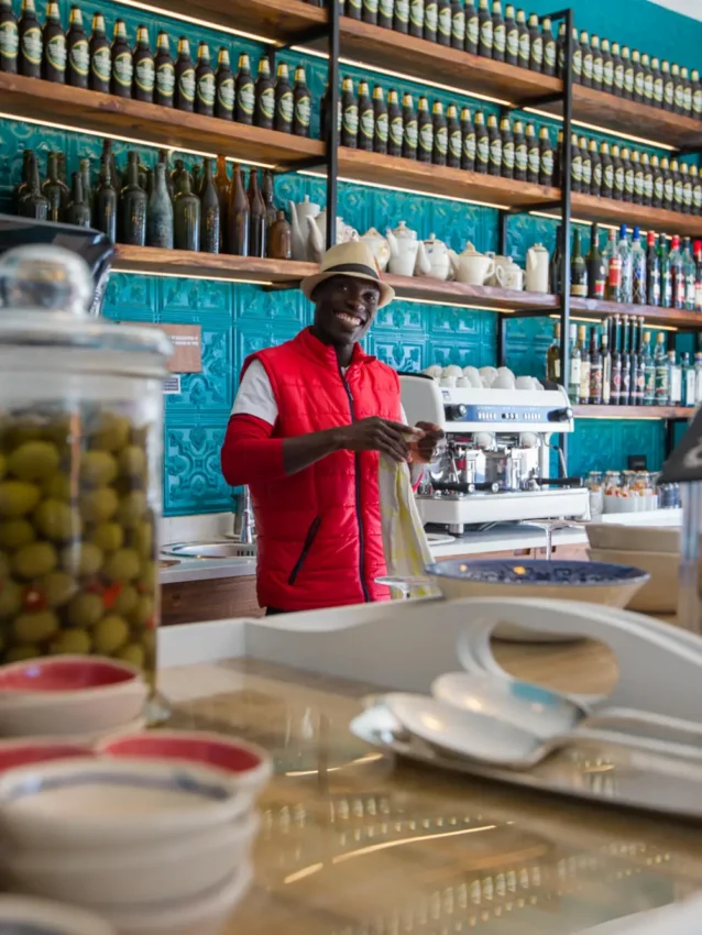Shop counter with preserved foods and local goods display, The Delight Swakopmund, Swakopmund, Namibia
