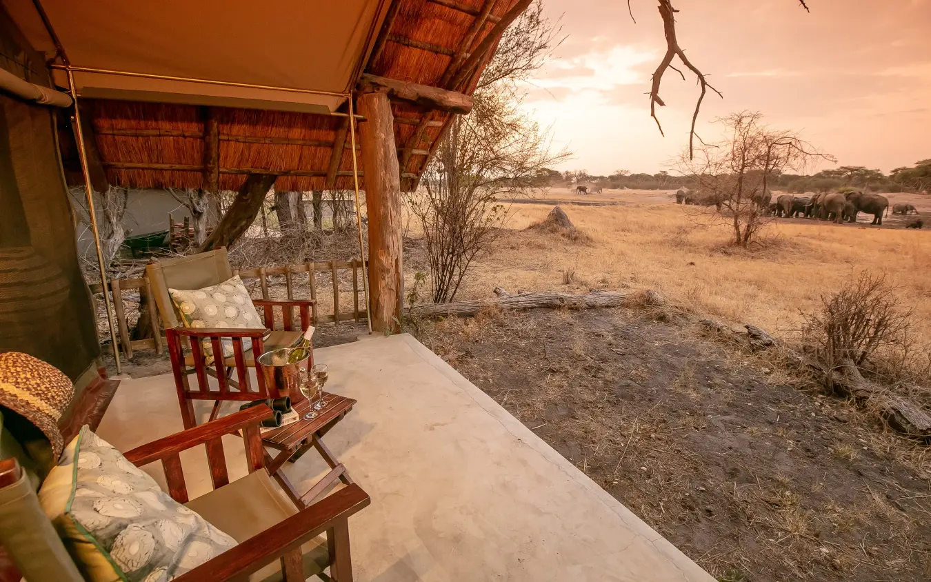 Thatched safari lodge veranda with wooden chairs overlooking dry savanna landscape, The Hide, Hwange National Park, Zimbabwe