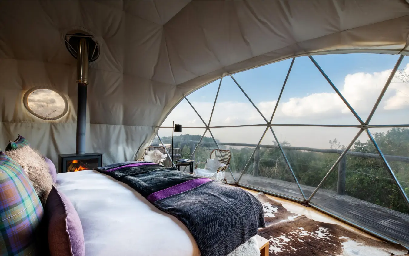 Geodesic dome bedroom with panoramic landscape views, The Highlands, Ngorongoro Crater, Tanzania