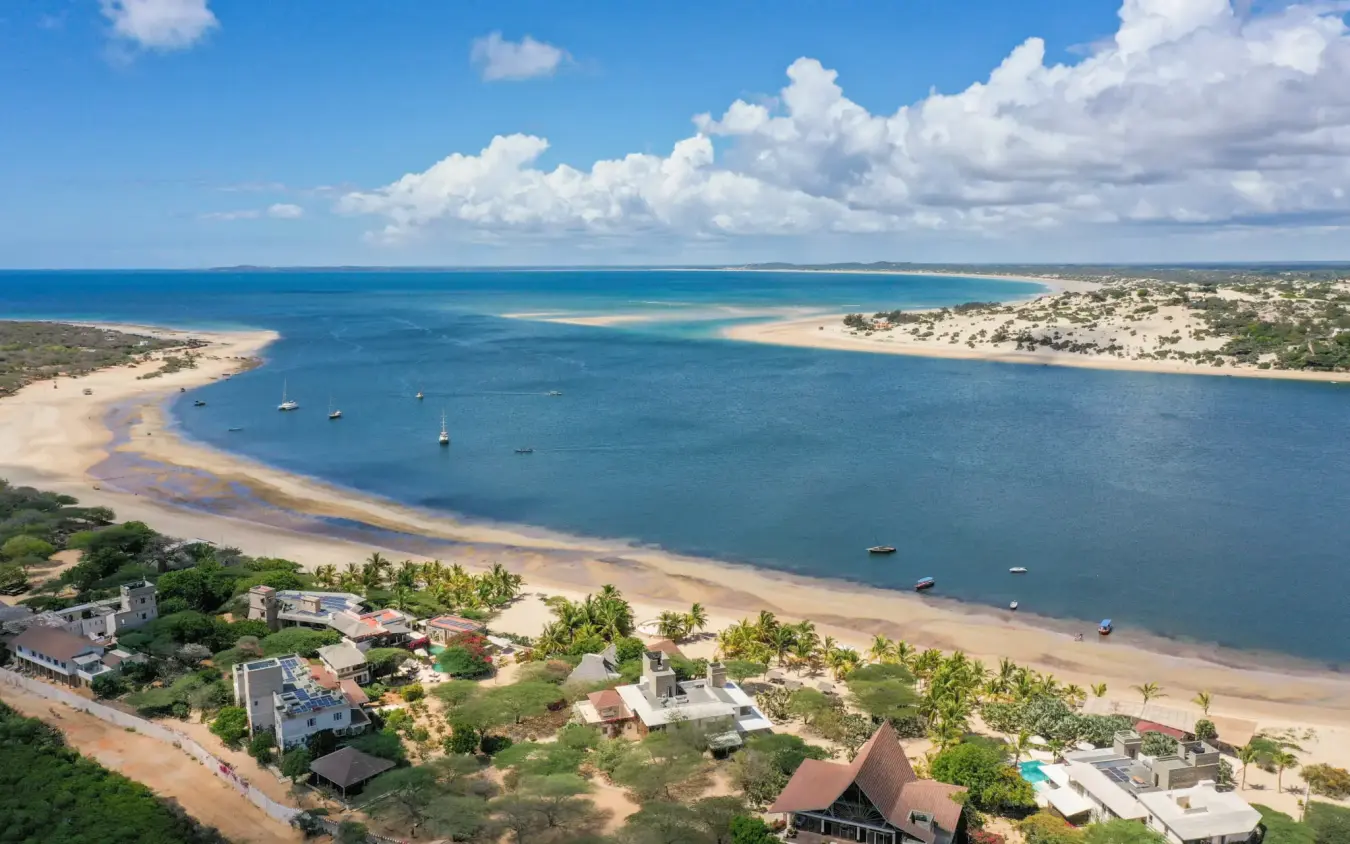 Coastal bay with sandy beaches and moored boats, The Majlis Resort, Lamu Archipelago, Kenya