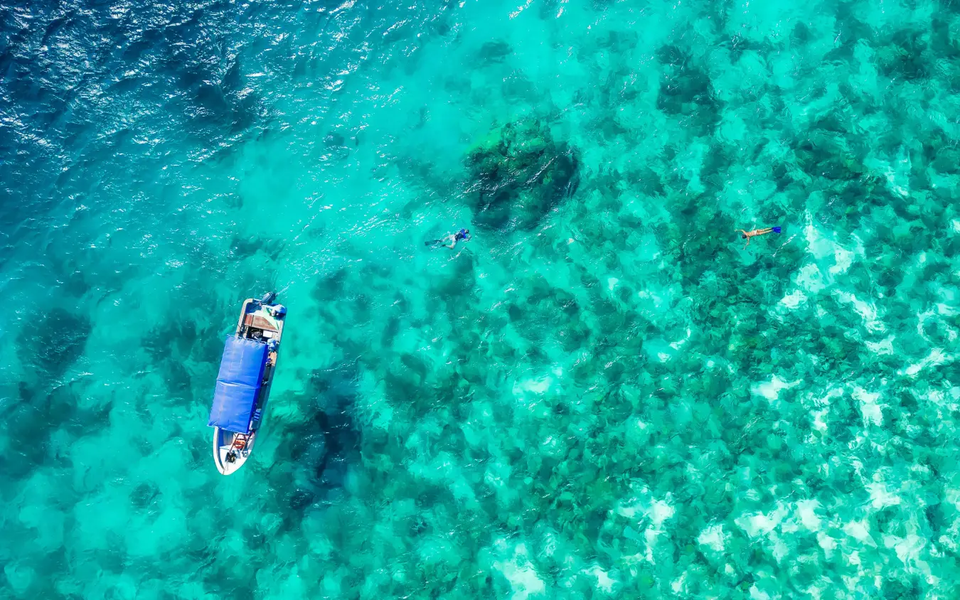 Aerial view of boat with snorkelers over coral reef, The Manta Resort, Zanzibar & Pemba, Tanzania