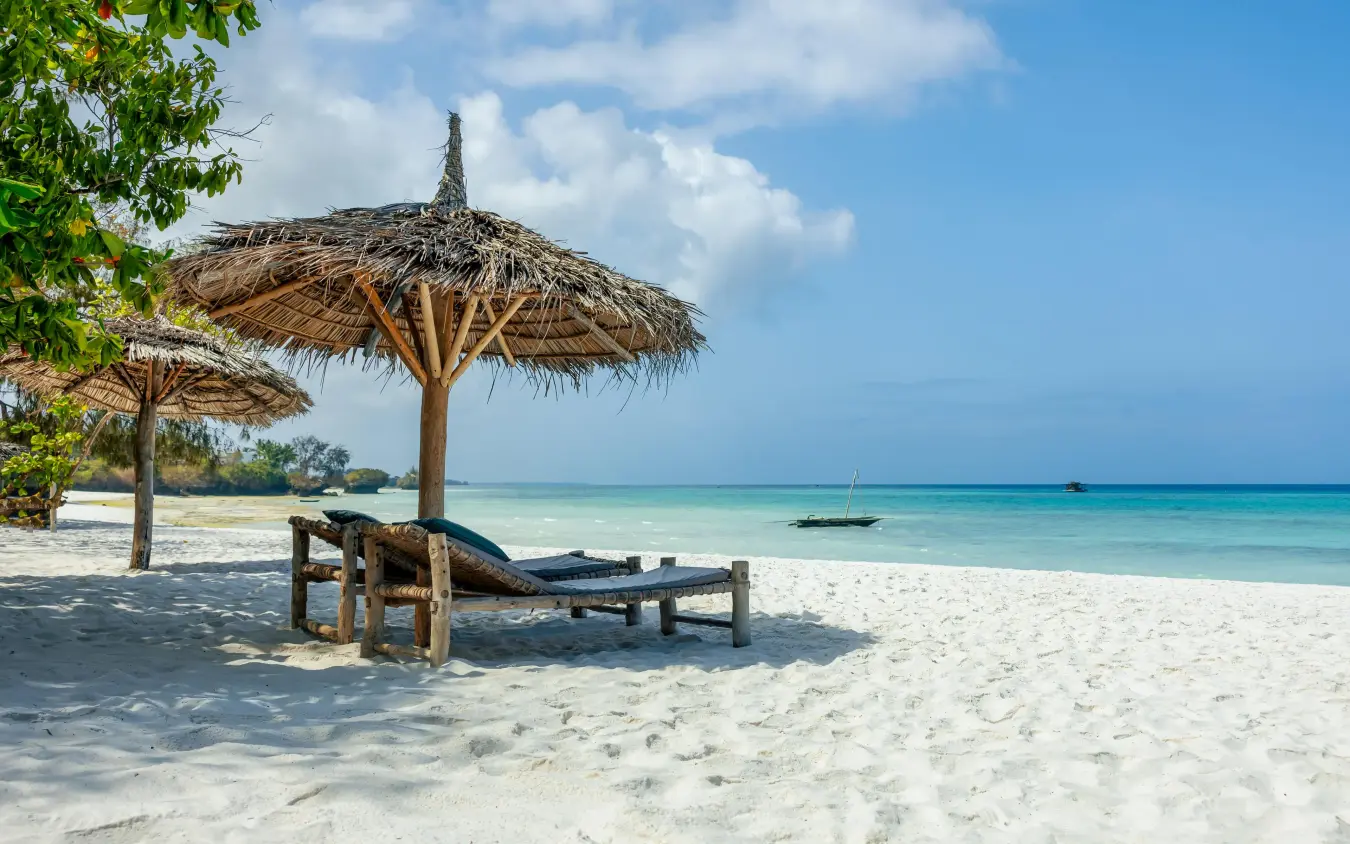 Thatched umbrellas and wooden loungers on pristine beach, The Manta Resort, Zanzibar & Pemba, Tanzania