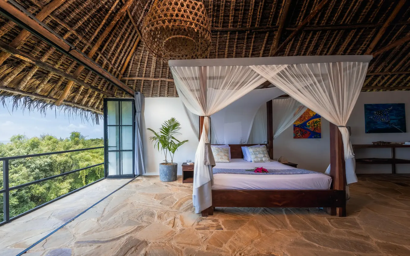 Canopy bedroom with forest views and open-air deck, The Manta Resort, Zanzibar & Pemba, Tanzania