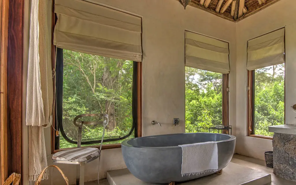 Modern stone bathtub with forest views through large windows, Umani Springs, Amboseli and Chyulu Hills, Kenya