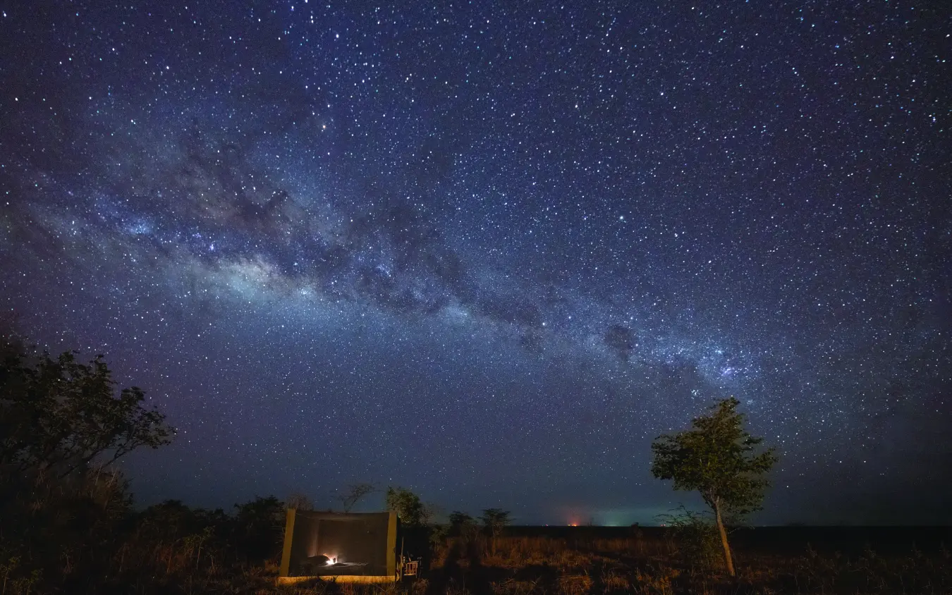 Milky Way galaxy visible above safari camp at night, Usangu Expedition Camp, Ruaha National Park, Tanzania