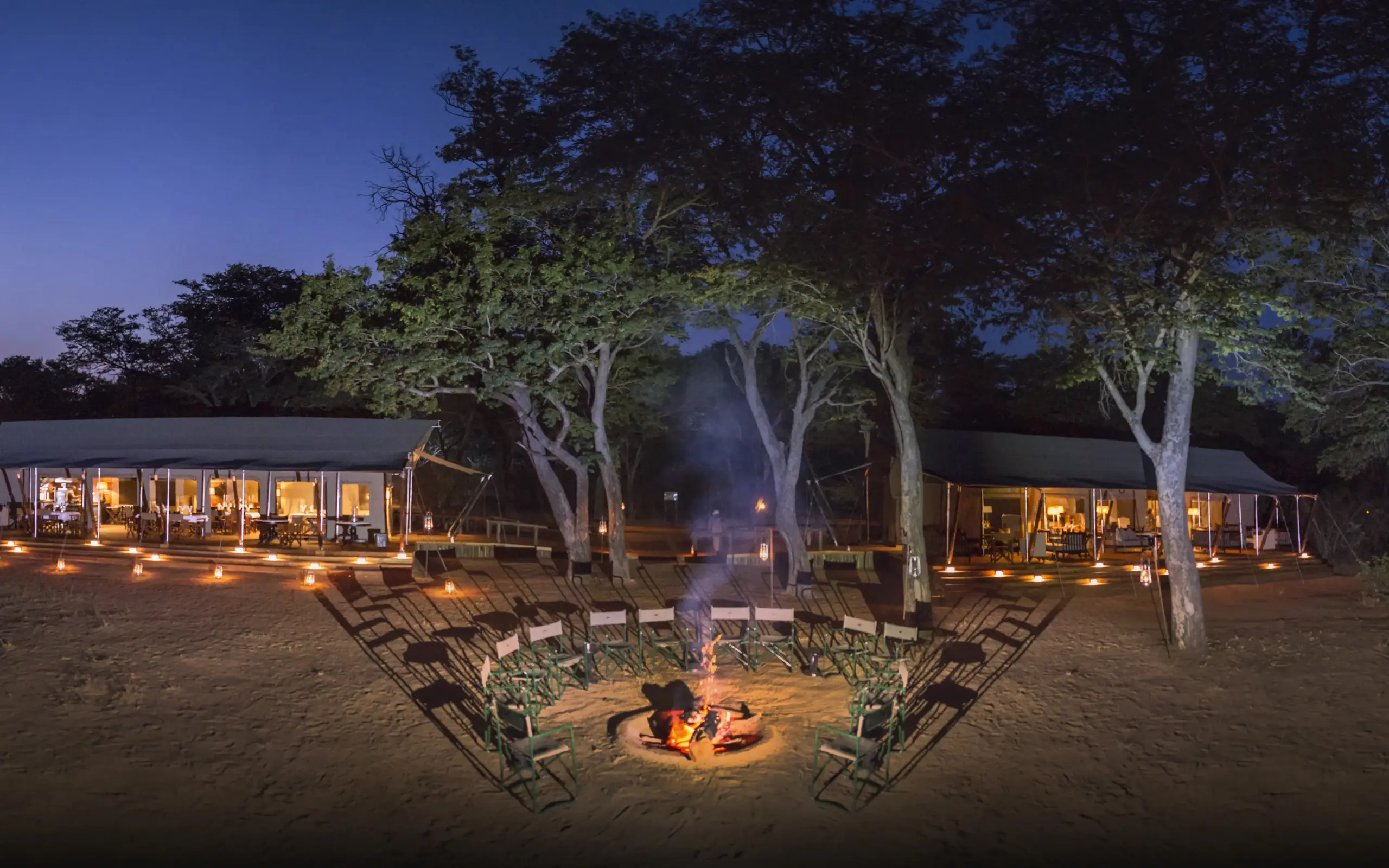 Luxury safari camp with firepit and canvas tents at dusk under acacia trees, Verney’s Camp, Hwange National Park, Zimbabwe