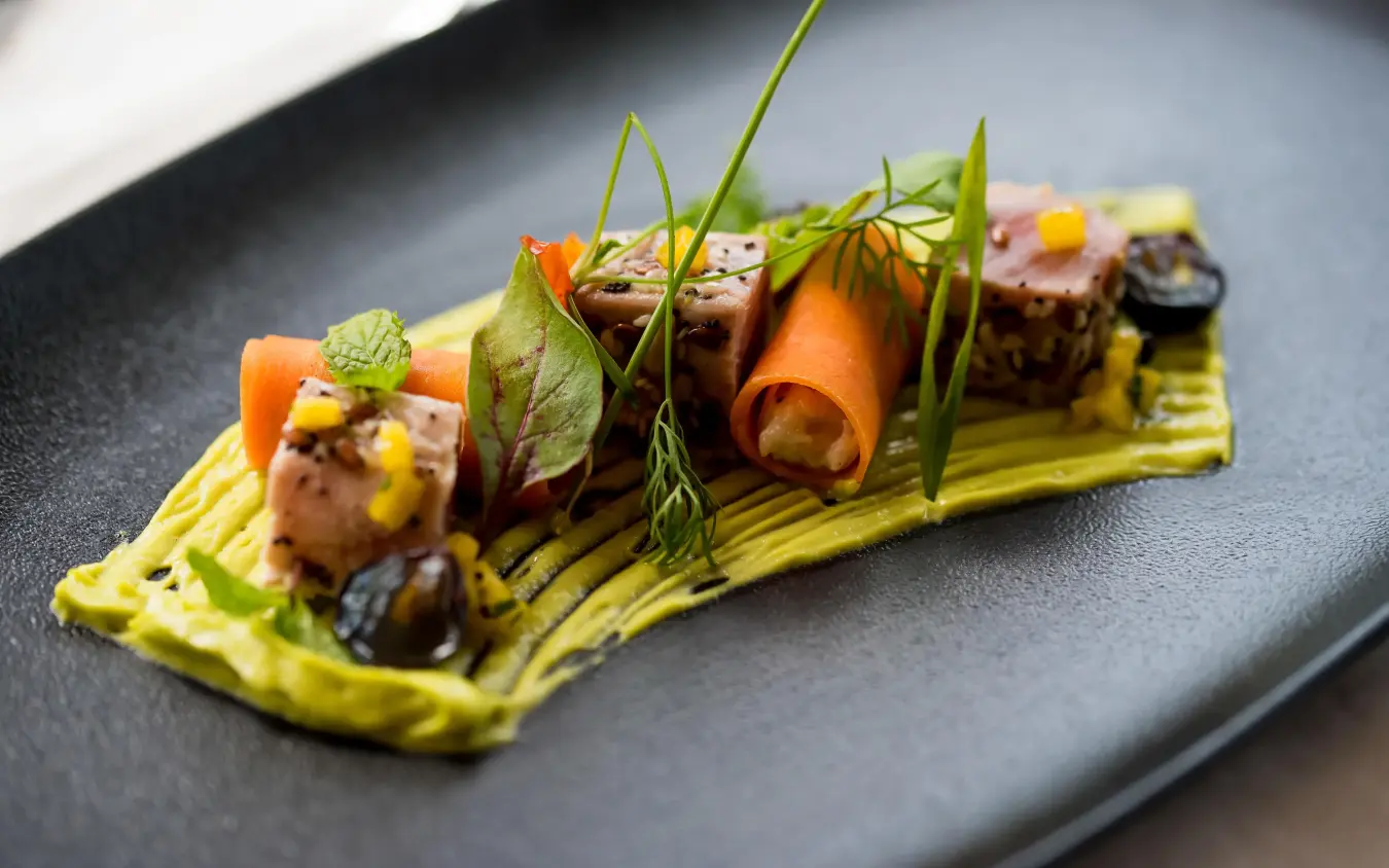 Plated gourmet dish with protein and vegetable garnishes, White Sand Luxury Villas & Spa, Zanzibar & Pemba, Tanzania
