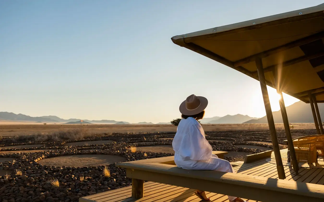 Guest relaxing on wooden deck at sunrise overlooking desert landscape, Wolwedans Boulders Camp, NamibRand Private Reserve, Namibia
