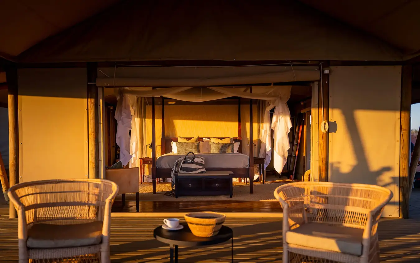 Canvas tent bedroom with wooden deck and desert sunset light, Wolwedans Dune Camp, NamibRand Private Reserve, Namibia