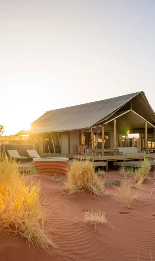 Desert lodge with thatched roof at golden hour sunset, Wolwedans Dune Camp, NamibRand Private Reserve, Namibia